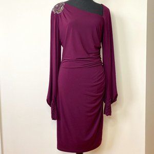 Dress By David Meister, Size US 8, Maroon, burgundy, embroidered bead flower